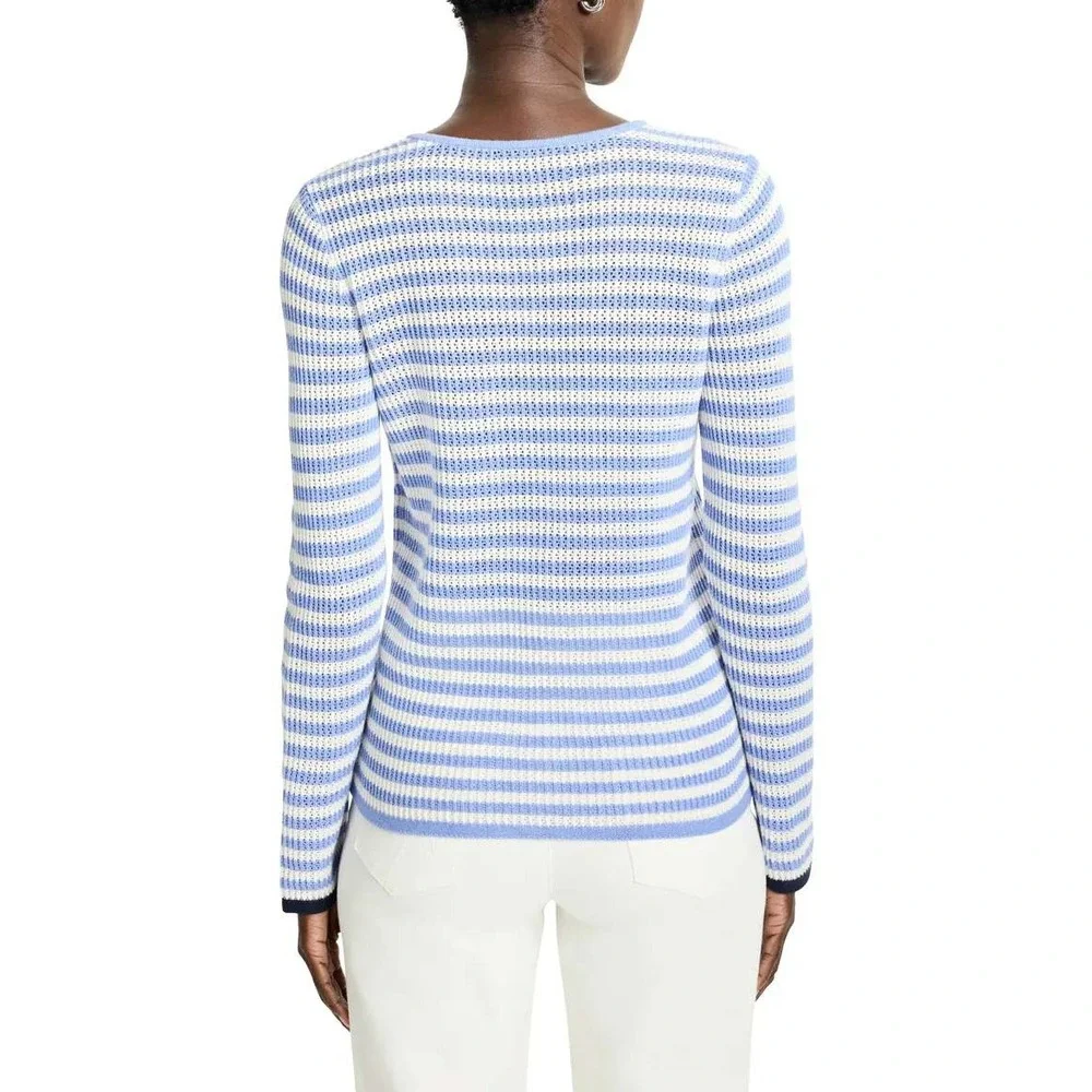 Nic+Zoe Blue Multi Striped Open Knit Scoop Neck Sweater NEW With Tags